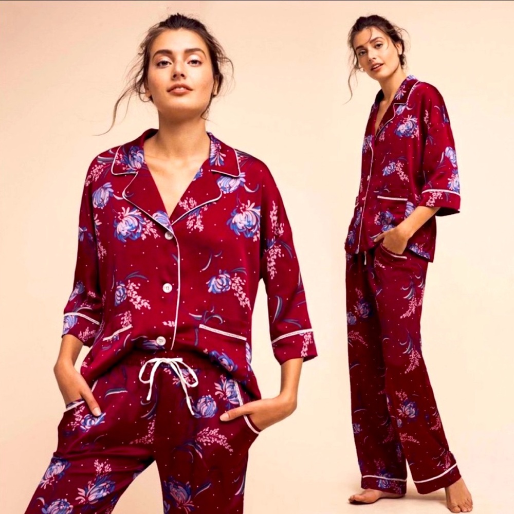 Anthropologie Red and Blue Floral Pajama Set